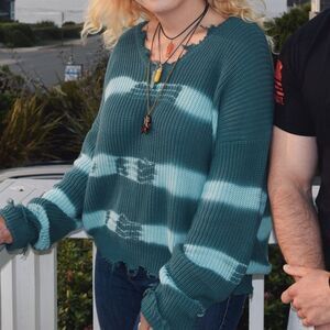 Forever 21+ Green and Blue Striped tie dye Oversized Sweater with fringe